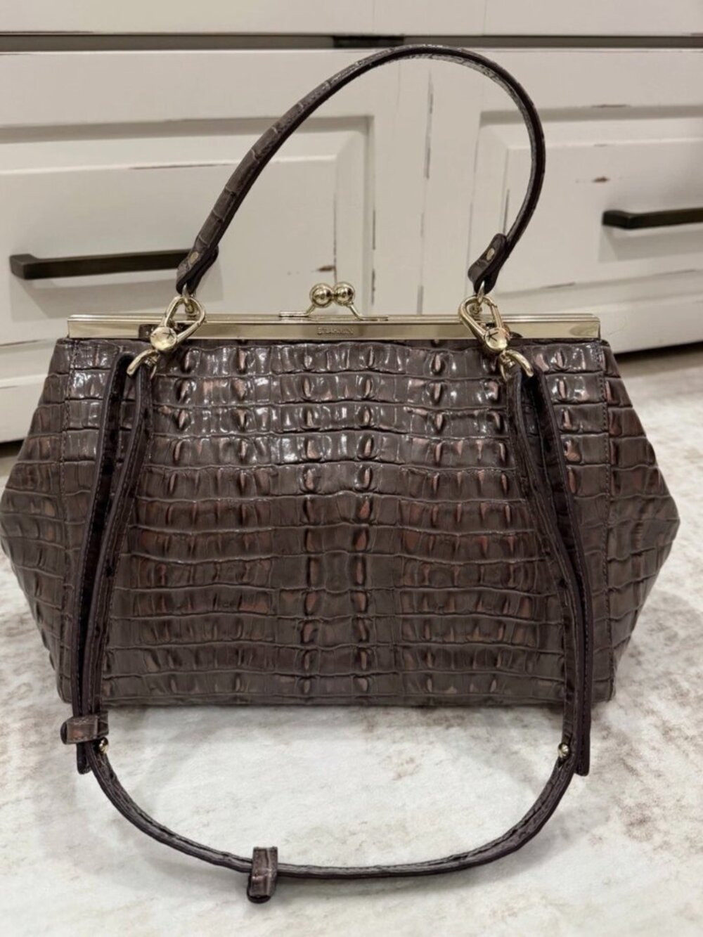 Brahmin Layla Vintage Style Kisslock Framed Satchel Croc Embossed Brown Grey